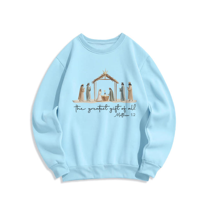 Christianartworkshop Sudadera de poliéster con forro polar y escena acogedora de la Natividad con el versículo bíblico "El mejor regalo". - Azul - 2XL - image 0