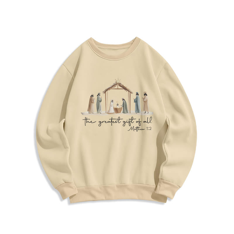 Christianartworkshop Sudadera de poliéster con forro polar y escena acogedora de la Natividad con el versículo bíblico "El mejor regalo". - Beige - 2XL - image 2