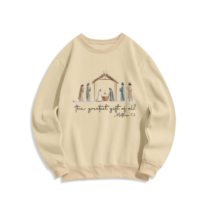 Christianartworkshop Sudadera de poliéster con forro polar y escena acogedora de la Natividad con el versículo bíblico "El mejor regalo". - Beige - 2XL - image 2