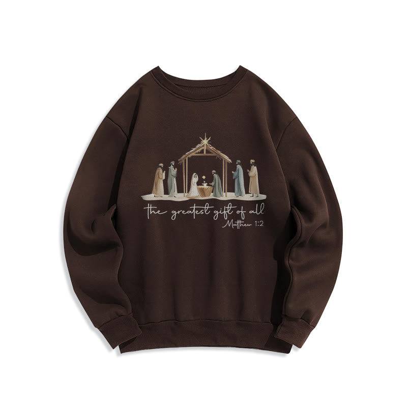 Christianartworkshop Sudadera de poliéster con forro polar y escena acogedora de la Natividad con el versículo bíblico "El mejor regalo". - Marrón - 2XL - image 3