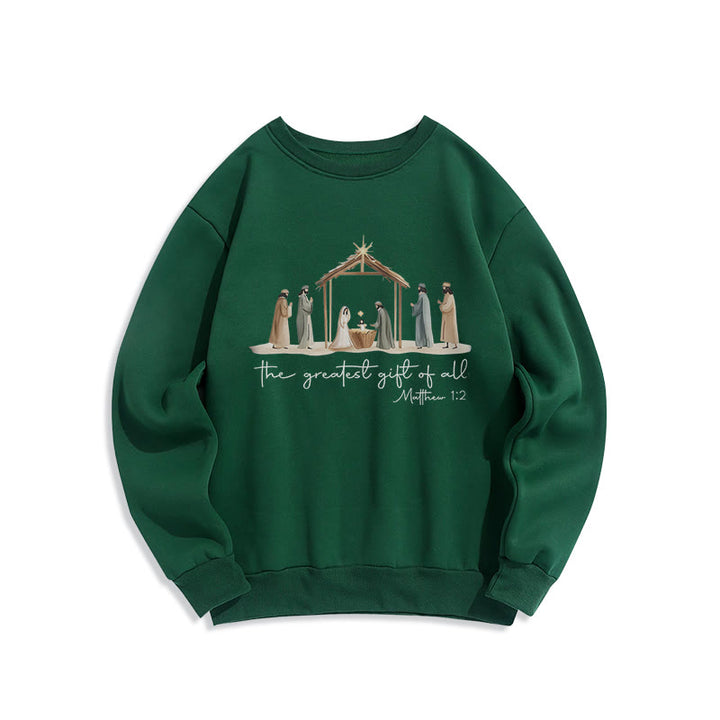 Christianartworkshop Sudadera de poliéster con forro polar y escena acogedora de la Natividad con el versículo bíblico "El mejor regalo". - Verde - 2XL - image 5