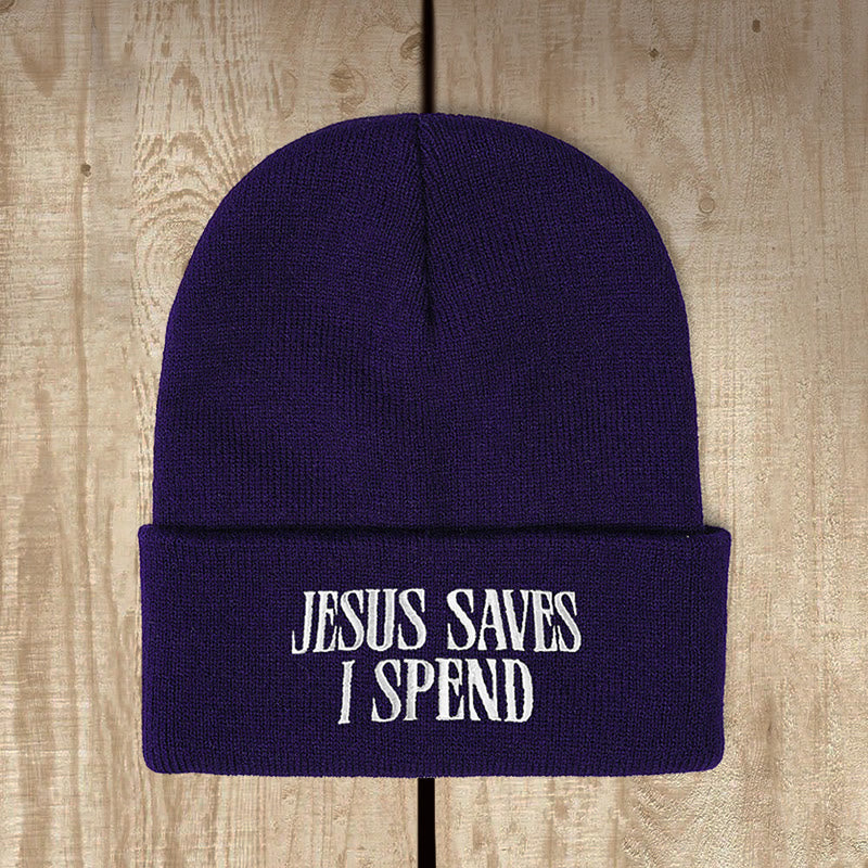 Christianartworkshop Gorro de punto con la frase "Jesús salva, yo gasto": Humor inspirador para los días fríos. - Azul marino - image 1