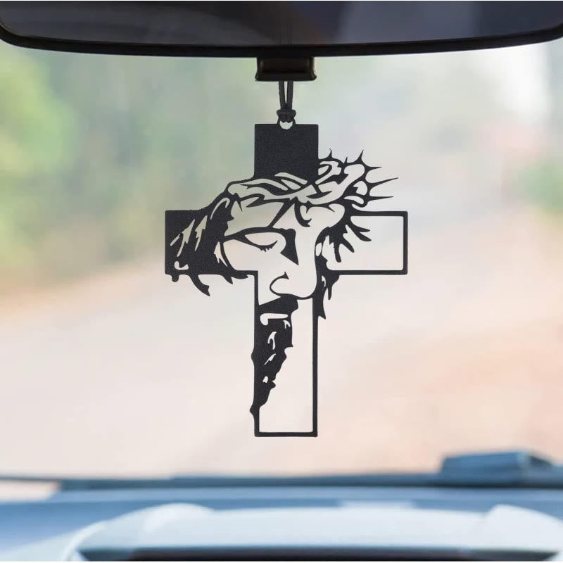 Christianartworkshop Colgante para coche con la cruz de Jesús, la corona de espinas, compañero de viaje. - JESÚS con espinas - image 1