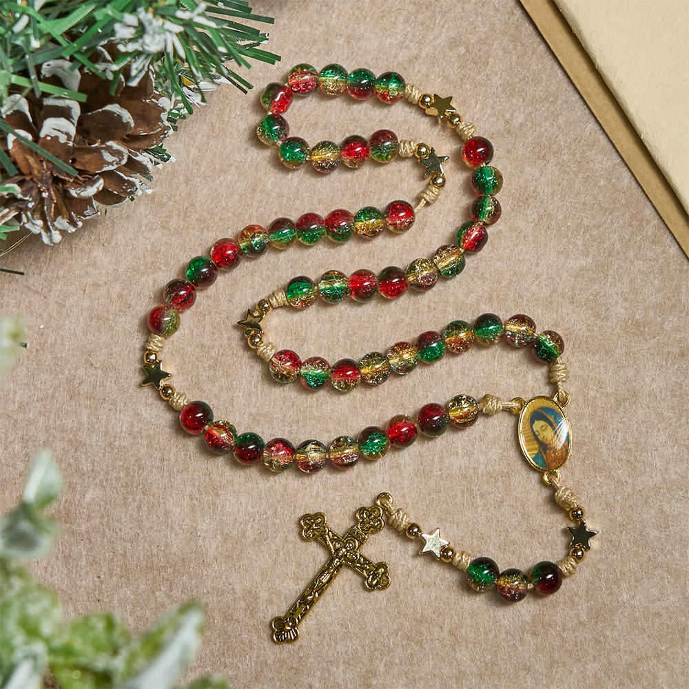 Christianartworkshop Rosario navideño de cuentas de vidrio: Medalla de Nuestra Señora de Guadalupe y crucifijo dorado. - image 1