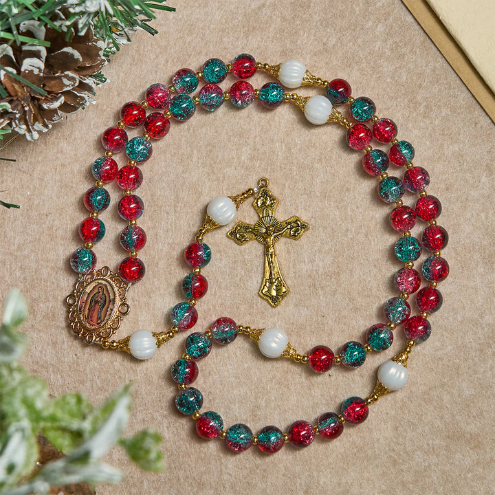 Christianartworkshop Rosario navideño de cuentas de vidrio rojo y azul: Medalla de Nuestra Señora y cruz ornamentada - image 6