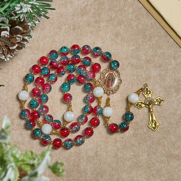 Christianartworkshop Rosario navideño de cuentas de vidrio rojo y azul: Medalla de Nuestra Señora y cruz ornamentada - image 8