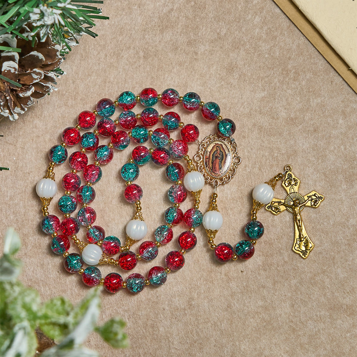 Christianartworkshop Regalo de Navidad: Rosario de cuentas de vidrio rojo y azul navideño: Medalla de Nuestra Señora y cruz ornamentada - image 12