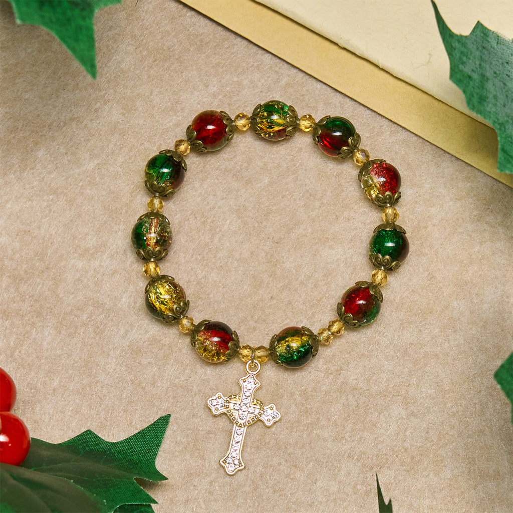 Christianartworkshop Pulsera de cuentas de vidrio rojas, verdes y doradas "Gloria Navideña": Fe que brilla - Circunferencia de la muñeca: 5,51"-6,69"/14-17 cm - image 0