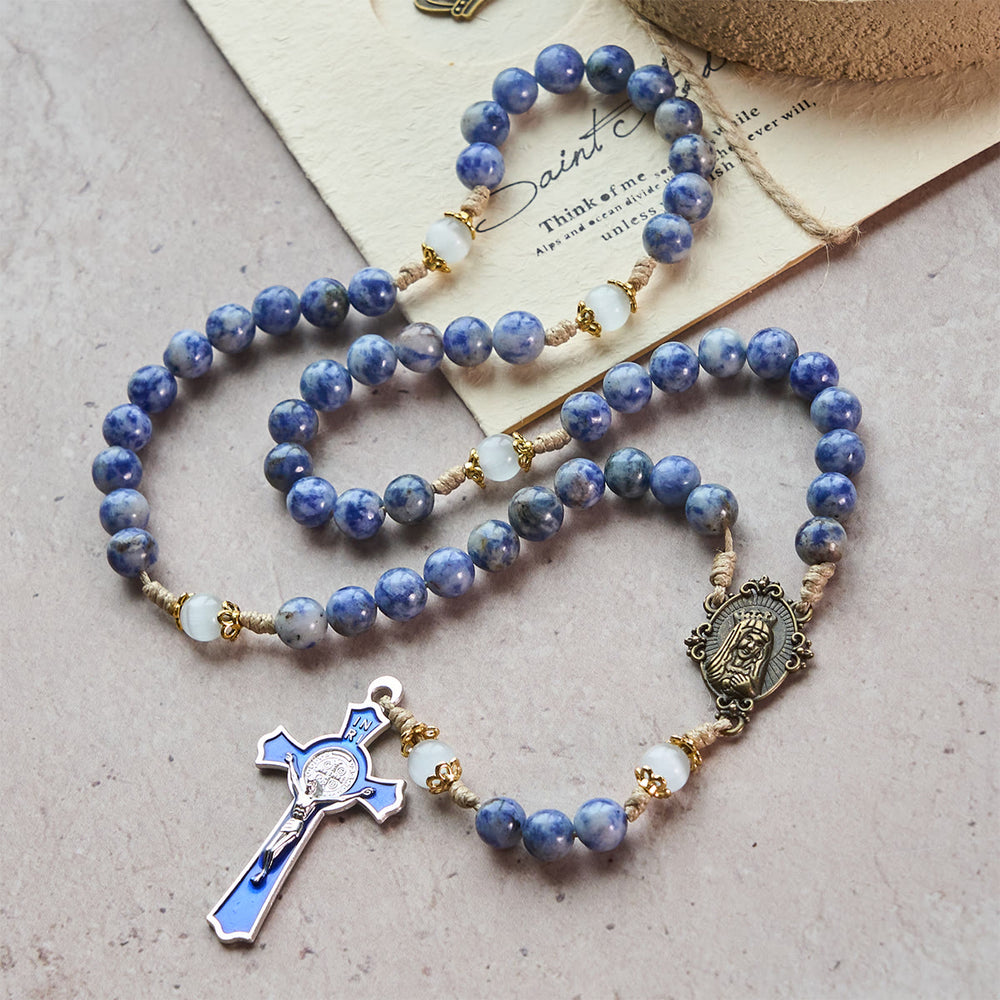 Christianartworkshop Rosario con el Inmaculado Corazón de María y un crucifijo de piedra azul redonda de 8 mm y cordón de nailon. - image 1