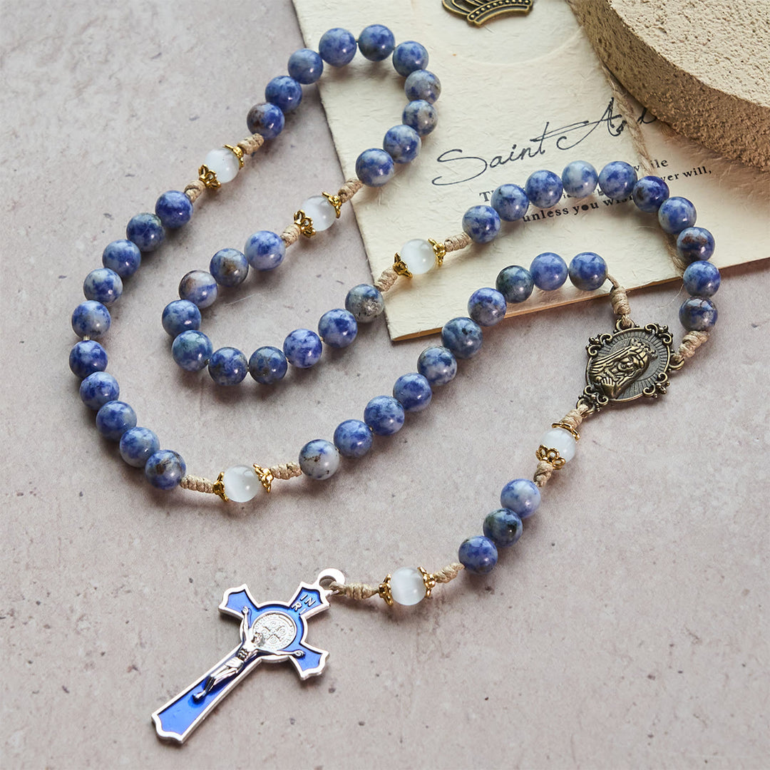 Christianartworkshop Rosario con el Inmaculado Corazón de María y un crucifijo de piedra azul redonda de 8 mm y cordón de nailon. - Crucifijo de plata - image 0