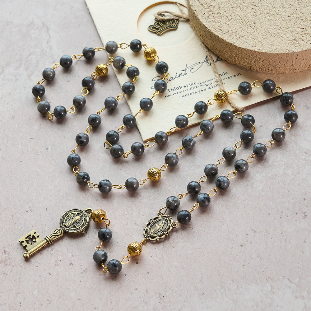 Christianartworkshop Rosario con Medalla Milagrosa y Llave de San Benito de 8 mm con Piedra Negra Redonda y Cadena de Aleación. - image 1