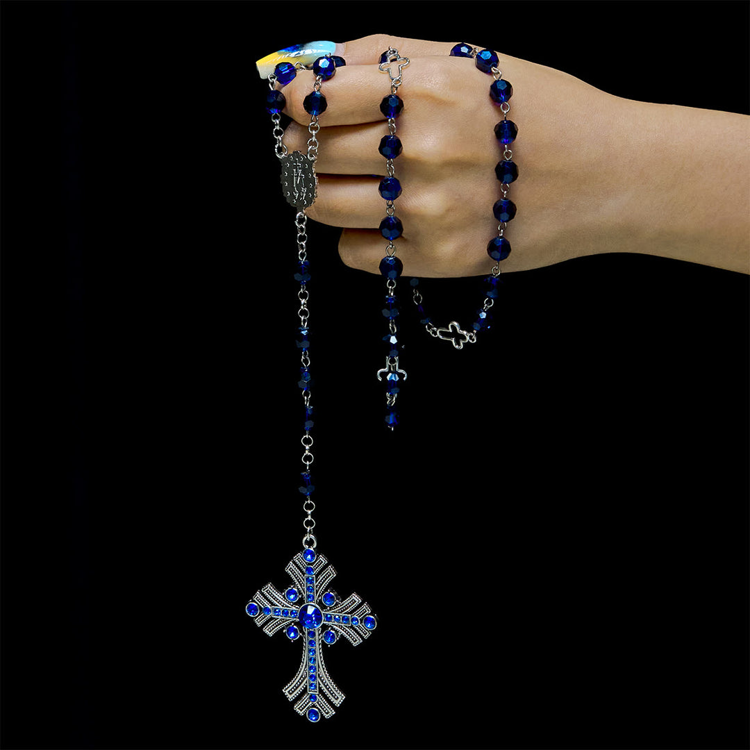 Christianartworkshop Rosario con medalla milagrosa y cruz de poliedro de 8 mm, cadena de aleación de cristal azul. - image 2