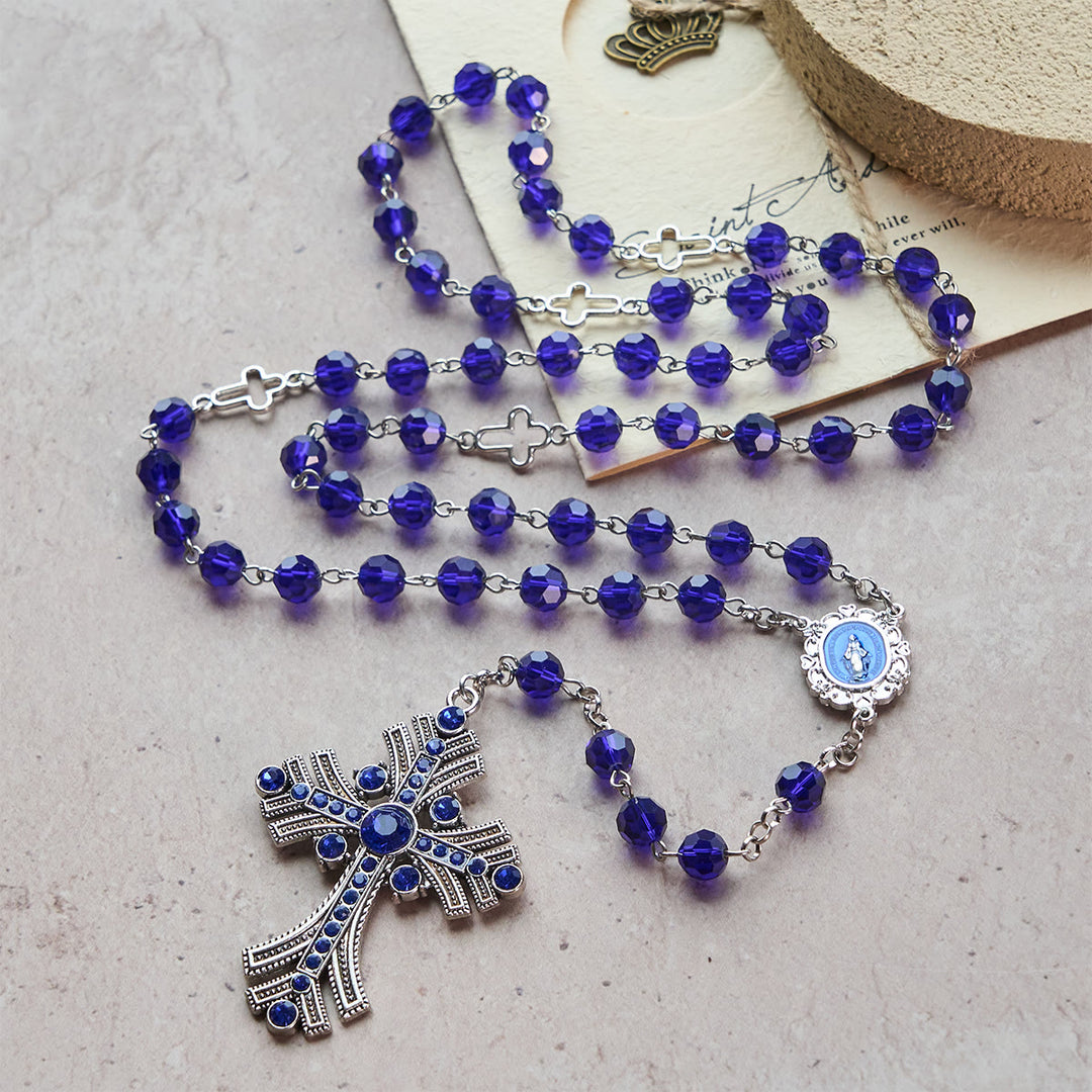 Christianartworkshop Rosario con medalla milagrosa y cruz de poliedro de 8 mm, cadena de aleación de cristal azul. - image 1