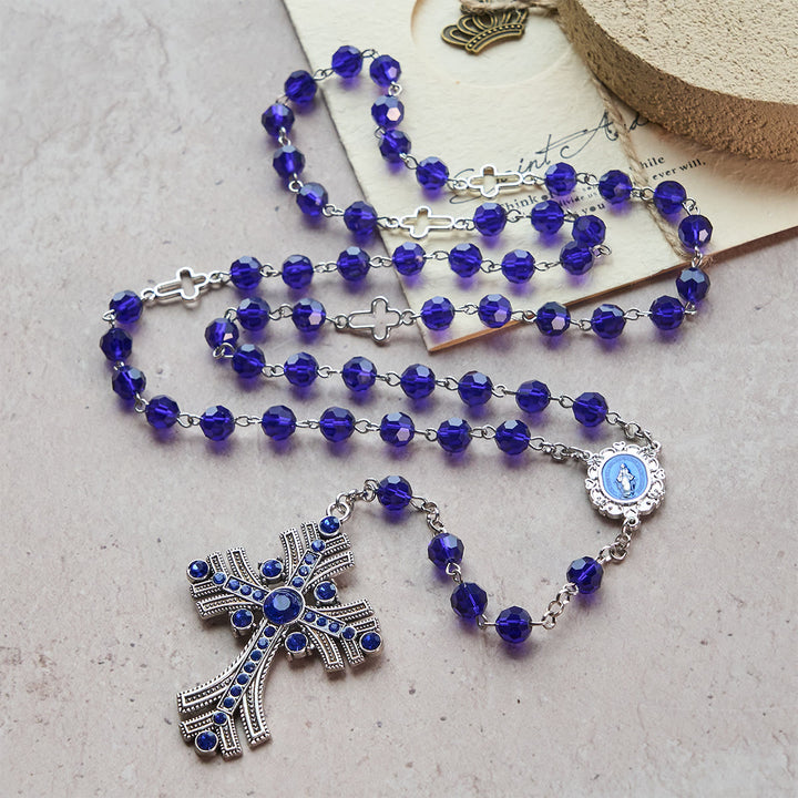 Christianartworkshop Rosario con medalla milagrosa y cruz de poliedro de 8 mm, cadena de aleación de cristal azul. - image 1