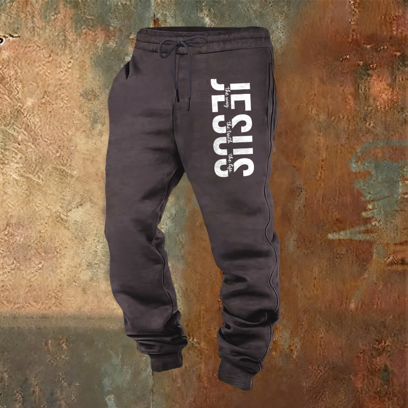 Christianartworkshop Pantalones deportivos con inscripciones de Jesús en capas: ropa de uso diario con identidad devocional. - Gris oscuro - 2XL - image 0