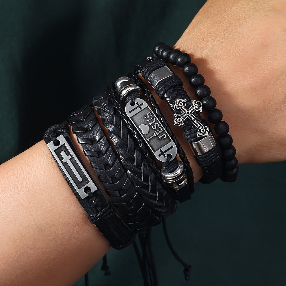 Christianartworkshop Conjunto de 6 pulseras de cuero con mensajes de fe: devoción y expresión de estilo. - Circunferencia de la muñeca: 7,09''-8,66''/18-22 cm - image 0