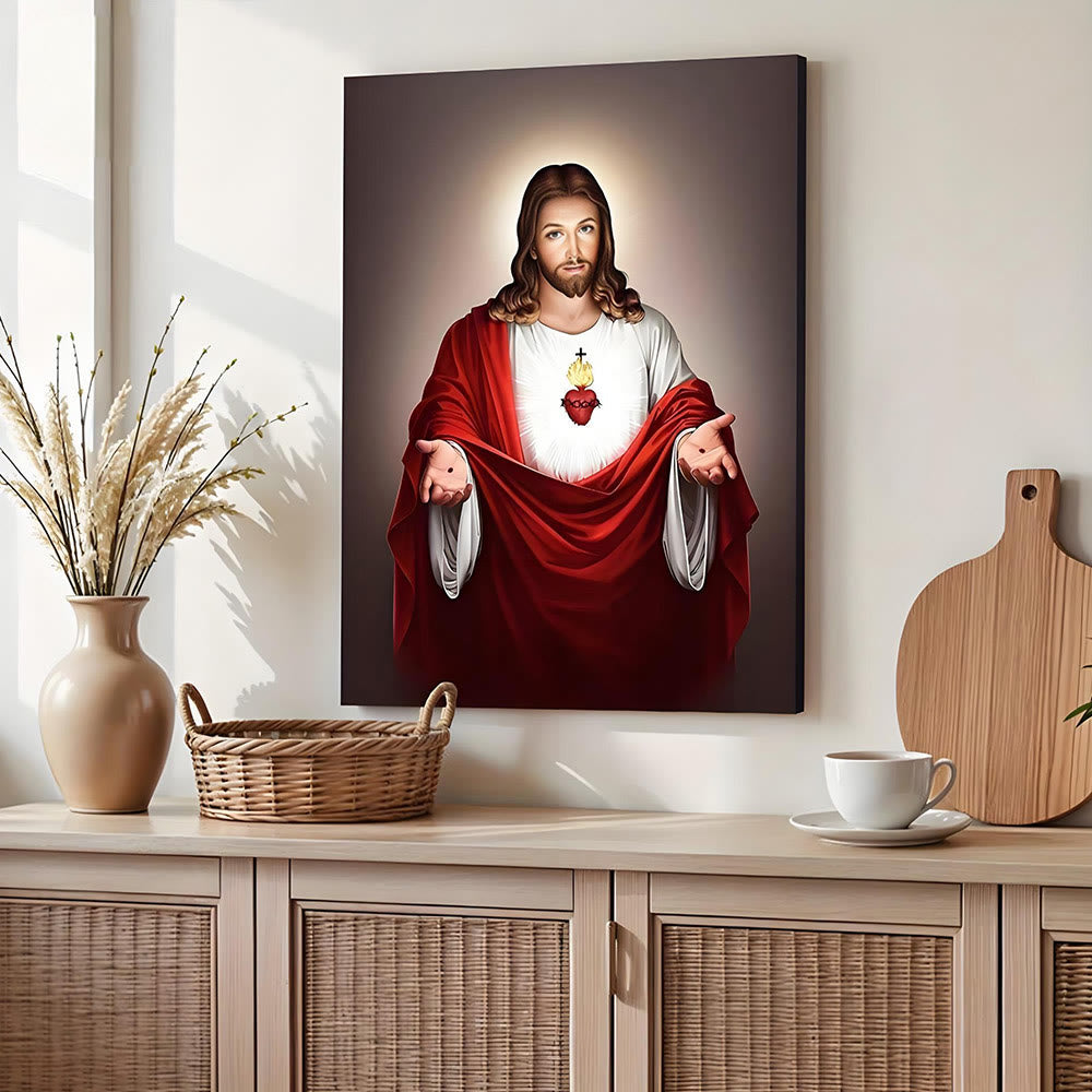 Christianartworkshop Láminas decorativas del Sagrado Corazón de Jesús para la pared: Calidez espiritual para hogares creyentes - Cuadro en lienzo enmarcado - 13,77"*19,58"*0,59"/35*50*1,5 cm - image 0