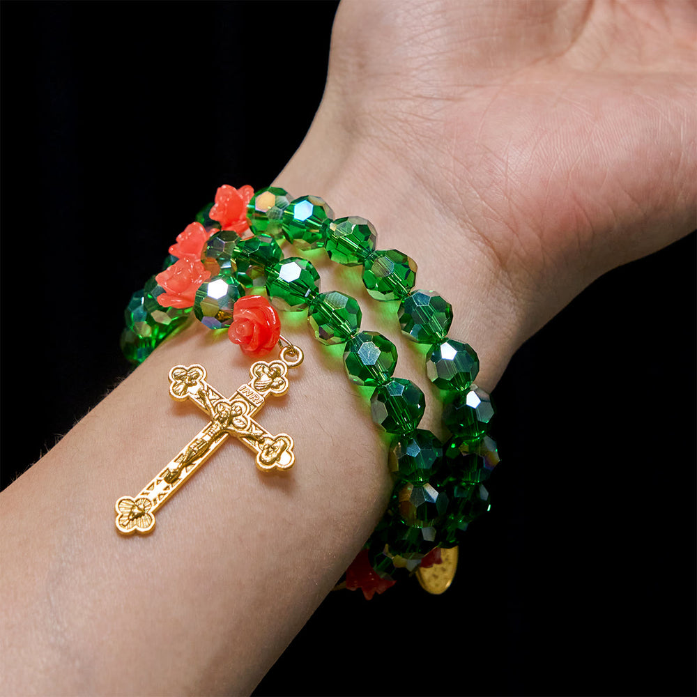 Christianartworkshop Pulsera de rosario de cristal verde y rosa: Devoción y gracia floral. - image 1