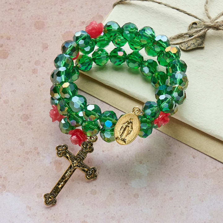 Christianartworkshop Pulsera de rosario de cristal verde y rosa: Devoción y gracia floral. - image 4