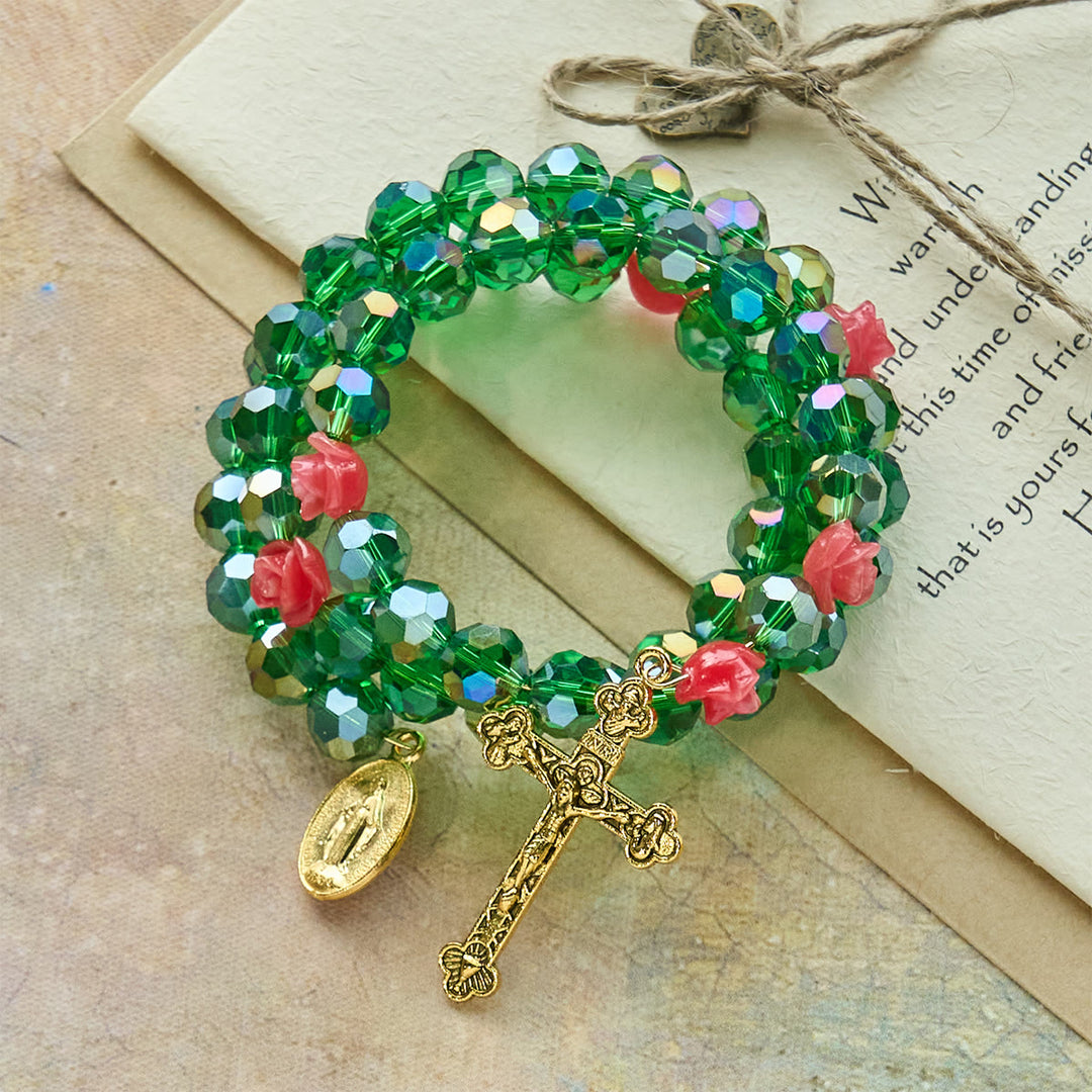 Christianartworkshop Pulsera de rosario de cristal verde y rosa: Devoción y gracia floral. - image 3