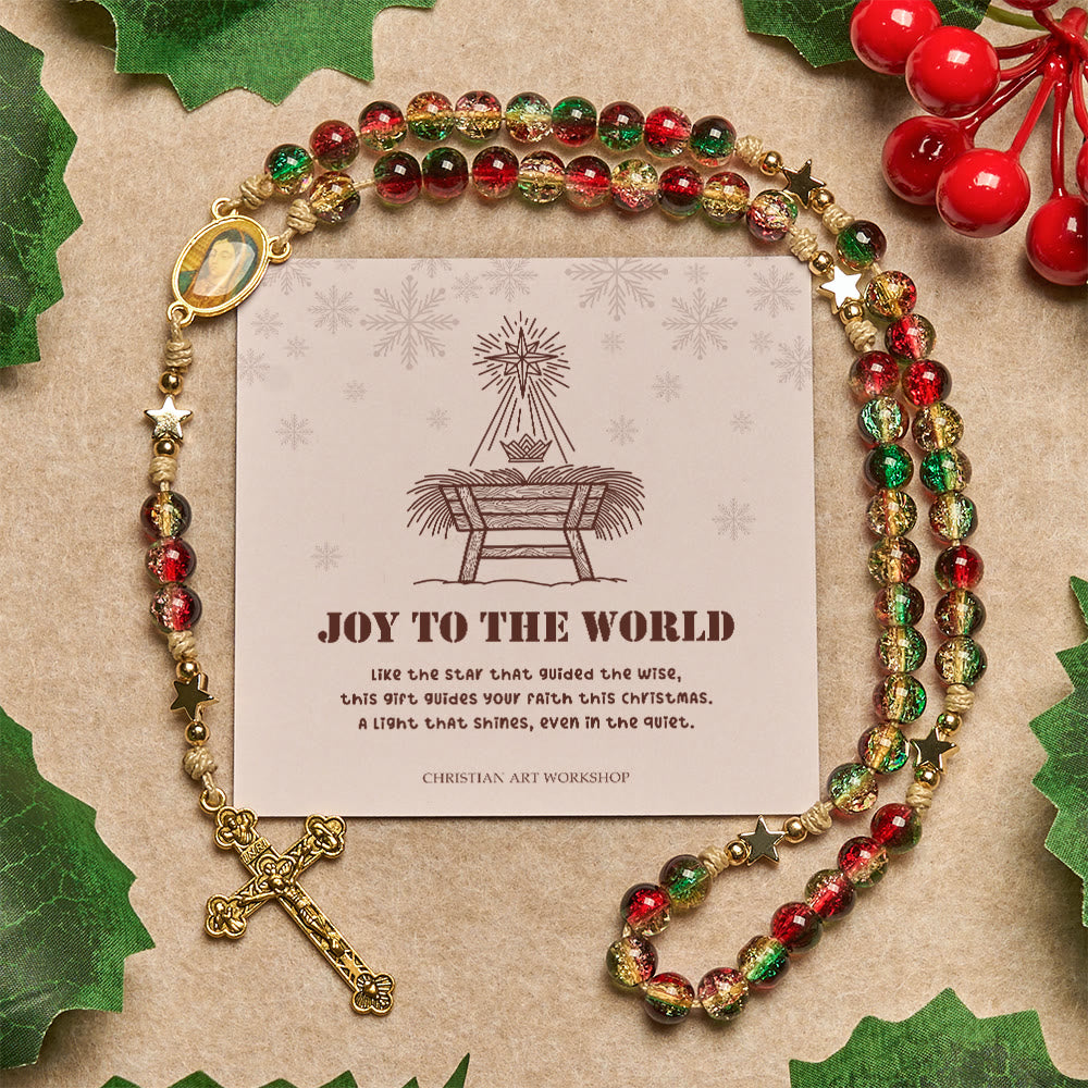 Christianartworkshop Regalo de Navidad: Rosario de cuentas de vidrio navideño: Medalla de Nuestra Señora de Guadalupe y crucifijo dorado - Alegría para el mundo - image 0