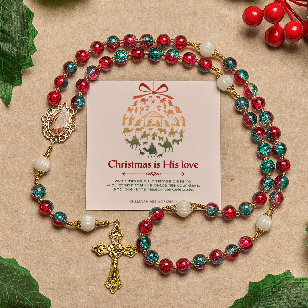 Christianartworkshop Regalo de Navidad: Rosario de cuentas de vidrio rojo y azul navideño: Medalla de Nuestra Señora y cruz ornamentada - La Navidad es su amor - image 0