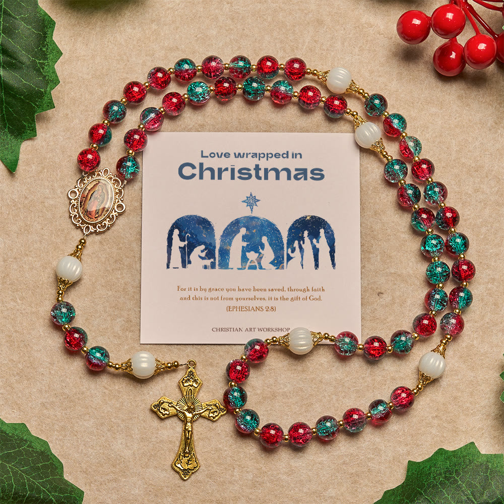 Christianartworkshop Regalo de Navidad: Rosario de cuentas de vidrio rojo y azul navideño: Medalla de Nuestra Señora y cruz ornamentada - Amor envuelto en Navidad - image 1