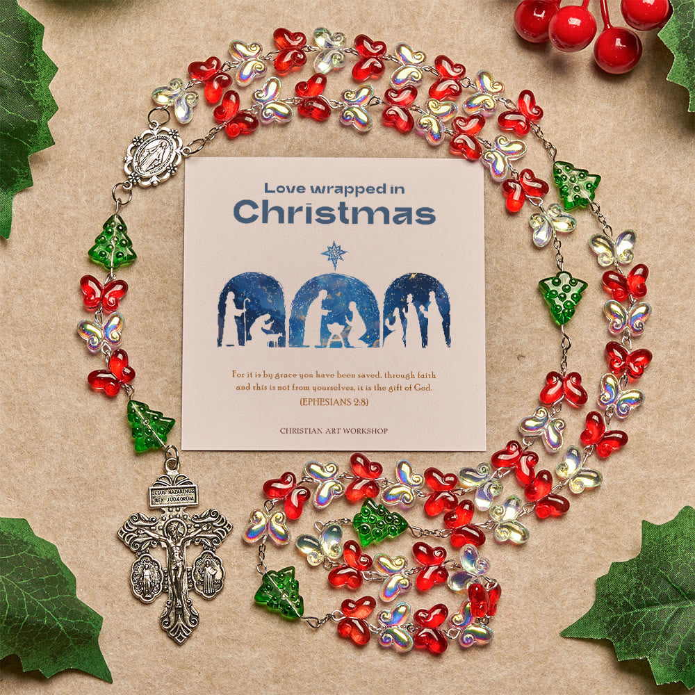 Christianartworkshop Regalo de Navidad: Rosario del Árbol de Navidad Bendito con Cuentas de Mariposa de Cristal - Amor envuelto en Navidad - image 0