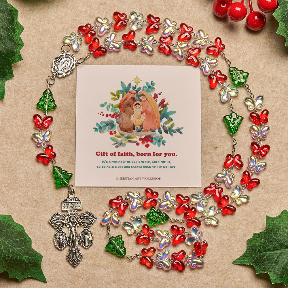 Christianartworkshop Regalo de Navidad: Rosario del Árbol de Navidad Bendito con Cuentas de Mariposa de Cristal - El don de la fe nacido para ti - image 3