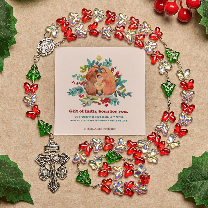 Christianartworkshop Regalo de Navidad: Rosario del Árbol de Navidad Bendito con Cuentas de Mariposa de Cristal - El don de la fe nacido para ti - image 3