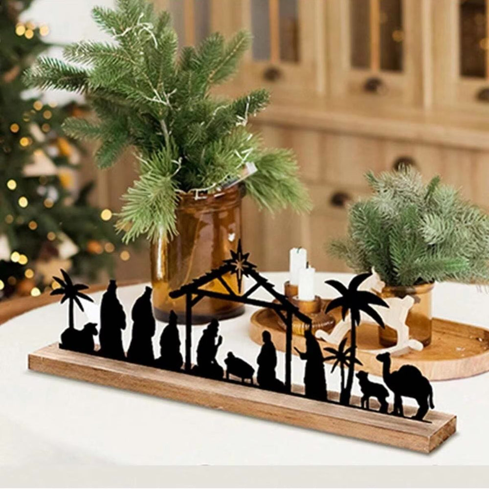 Christianartworkshop Adorno navideño de metal elegante con silueta de belén: escena moderna del pesebre y decoración navideña. - image 1