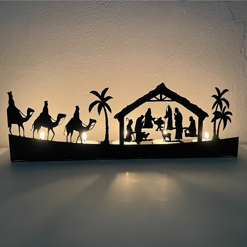 Christianartworkshop Portavelas de hierro con adorno de la Natividad: escena del pesebre resplandeciente y decoración navideña. - Candelabro de metal-1 - image 0
