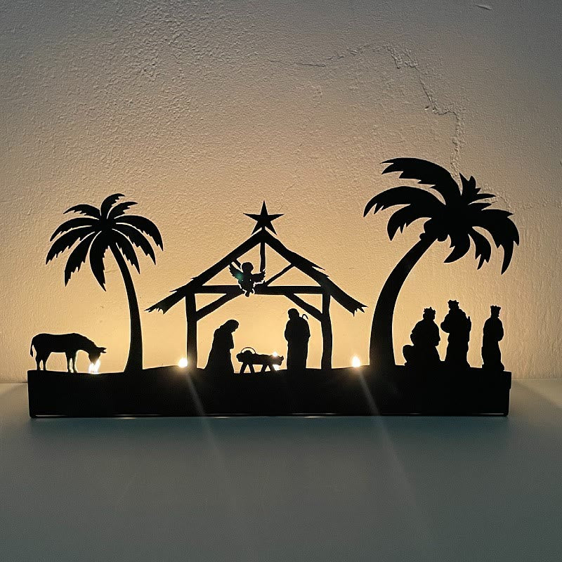 Christianartworkshop Portavelas de hierro con adorno de la Natividad: escena del pesebre resplandeciente y decoración navideña. - Candelabro de metal-2 - image 1