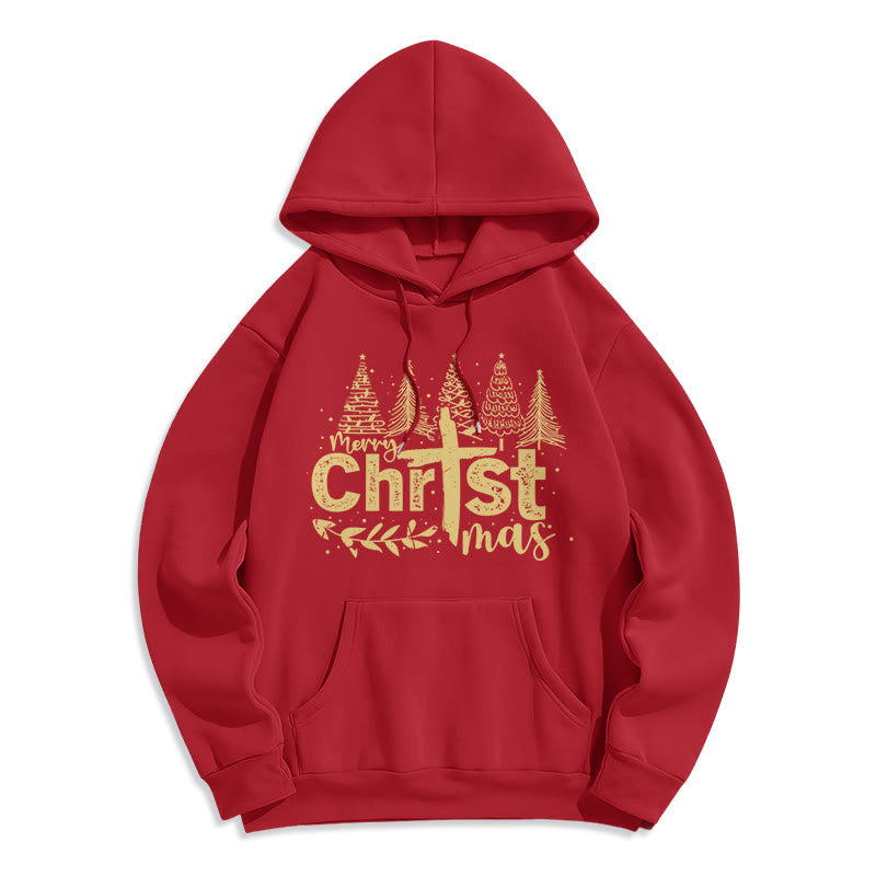 Christianartworkshop Sudadera con capucha de poliéster forrada de felpa con diseño de cruz y árbol de Navidad. - Rojo - 2XL - image 0