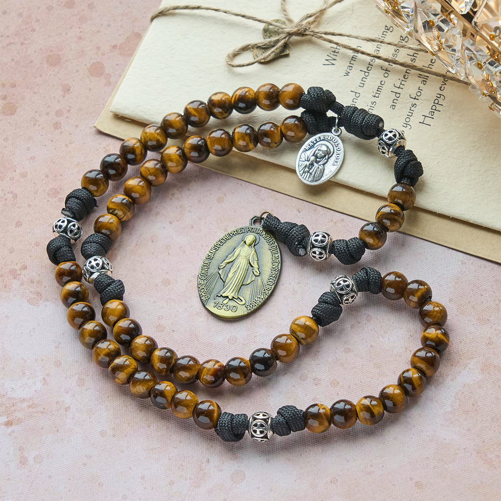 Christianartworkshop Nuestro Rosario de Paracord Centrado en la Virgen: Cuentas de Ojo de Tigre y Medalla de Gracia Eterna - image 2
