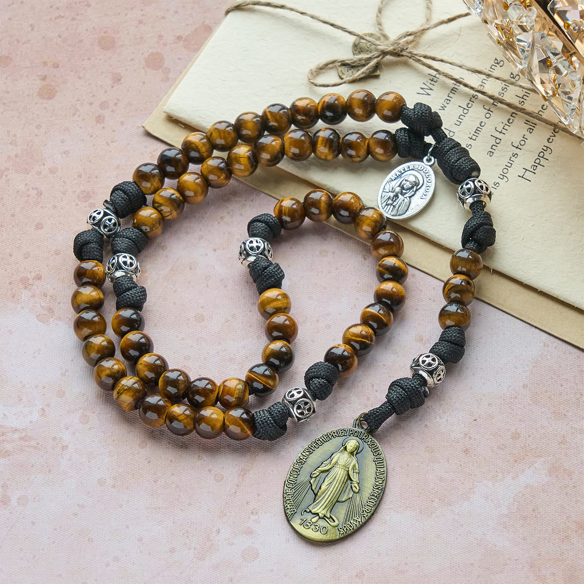 Christianartworkshop Nuestro Rosario de Paracord Centrado en la Virgen: Cuentas de Ojo de Tigre y Medalla de Gracia Eterna - image 3