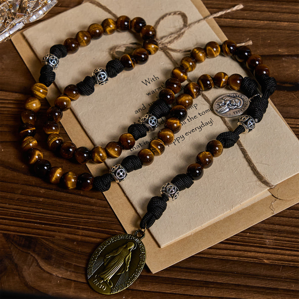 Christianartworkshop Nuestro Rosario de Paracord Centrado en la Virgen: Cuentas de Ojo de Tigre y Medalla de Gracia Eterna - image 1