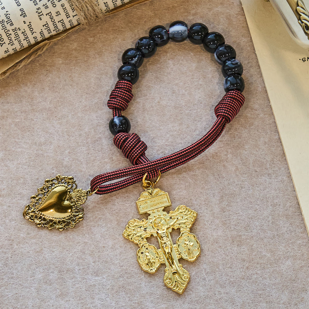 Christianartworkshop Rosario de bolsillo portátil: cuentas negras, cordón tejido y dije dorado sagrado - Rosario de bolsillo - image 0