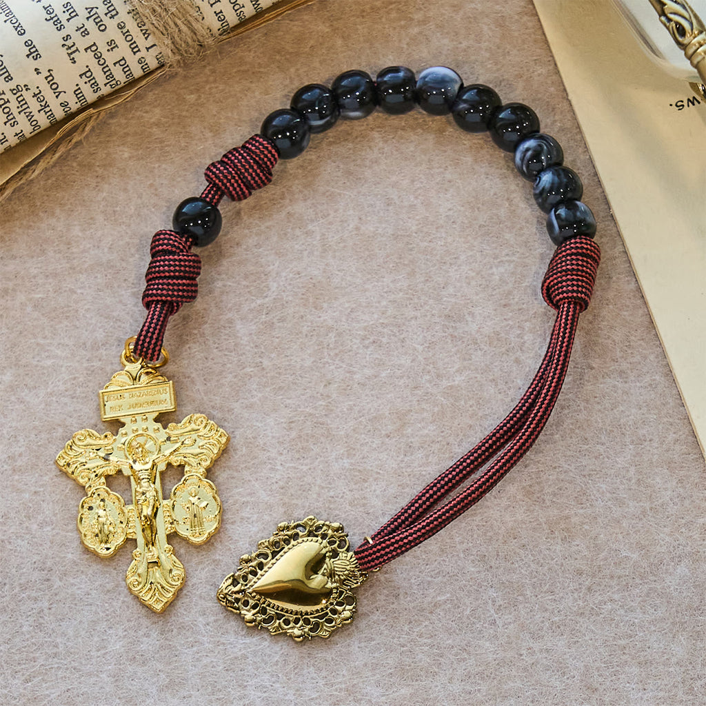 Christianartworkshop Rosario de bolsillo portátil: cuentas negras, cordón tejido y dije dorado sagrado - image 6