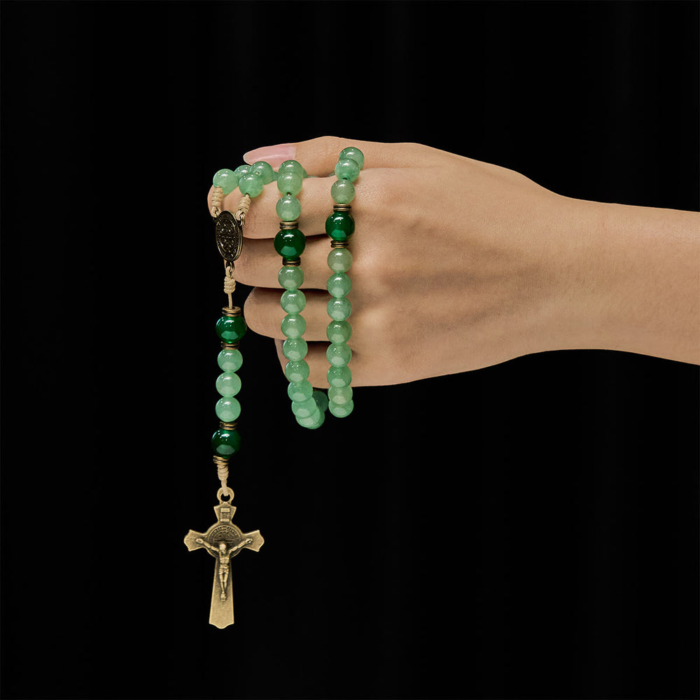 Christianartworkshop Rosario de aventurina verde bendita: cuentas de jade y amuleto de San Benito. - image 1