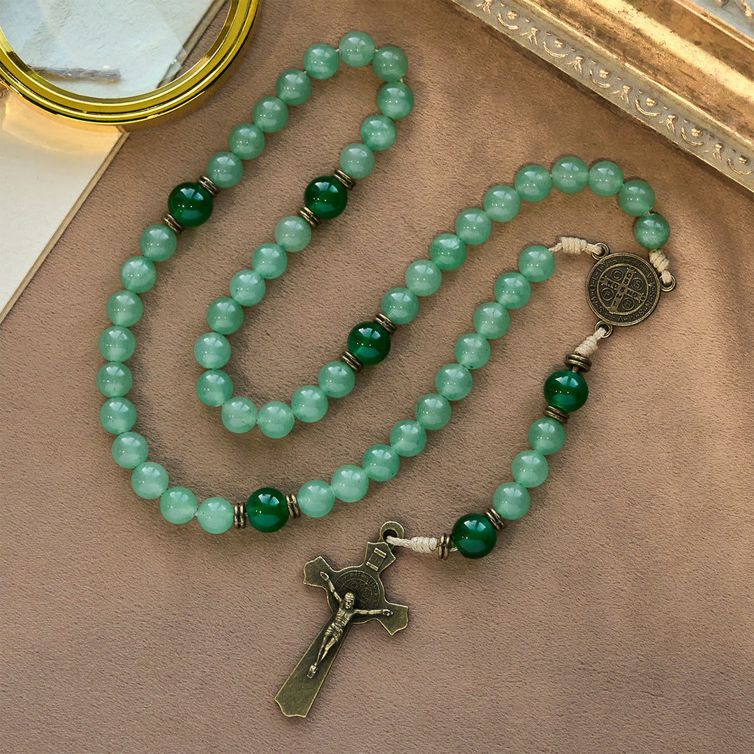 Christianartworkshop Rosario de aventurina verde bendita: cuentas de jade y amuleto de San Benito. - Verde - image 0