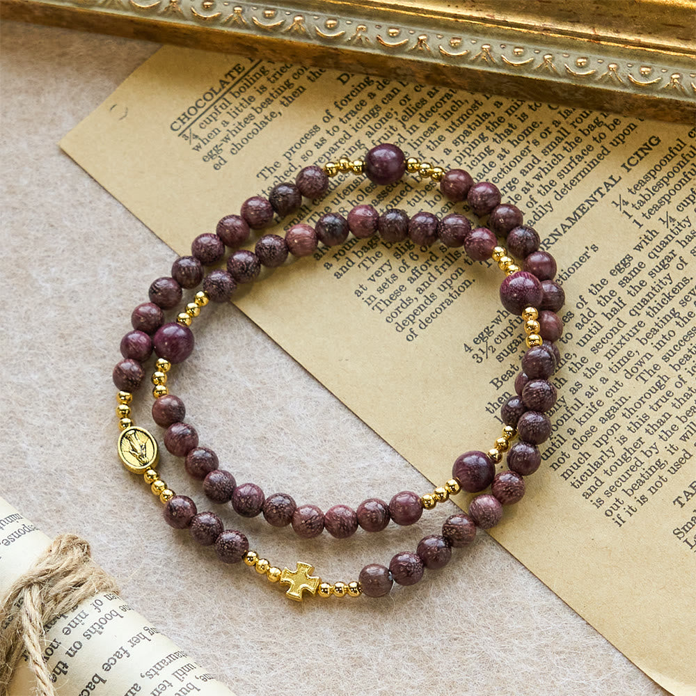 Christianartworkshop Pulsera de rosario multicapa de madera de perilla con cuentas de tonos tierra y la Sagrada Virgen María. - image 3