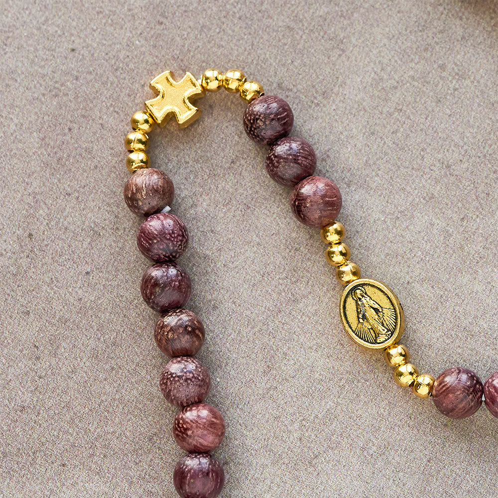 Christianartworkshop Pulsera de rosario multicapa de madera de perilla con cuentas de tonos tierra y la Sagrada Virgen María. - image 5