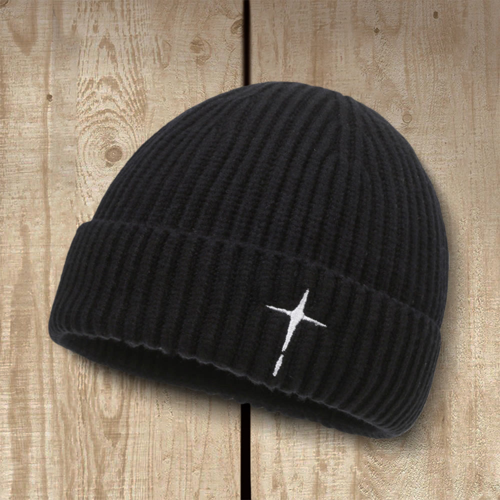 Christianartworkshop Gorro con bordado de cruz discreta: Su Gracia en los Días Fríos - Negro - Circunferencia de la cabeza: 54–60 cm / 21,26''–23,62'' - image 0