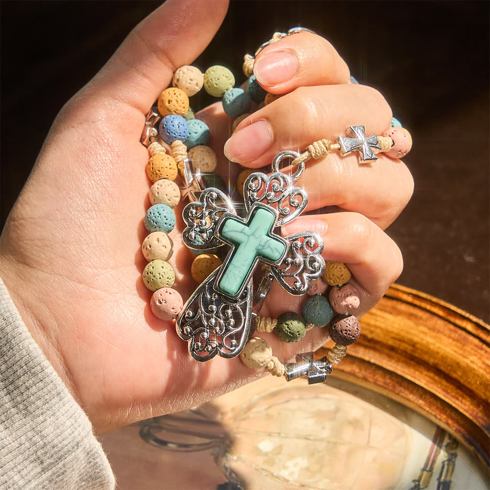 Christianartworkshop Rosario vintage multicolor de piedra de lava: Amanecer en el desierto con cruz turquesa y amuleto de la Virgen María. - image 1