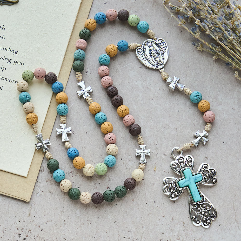 Christianartworkshop Rosario vintage multicolor de piedra de lava: Amanecer en el desierto con cruz turquesa y amuleto de la Virgen María. - Piedra de lava - image 0