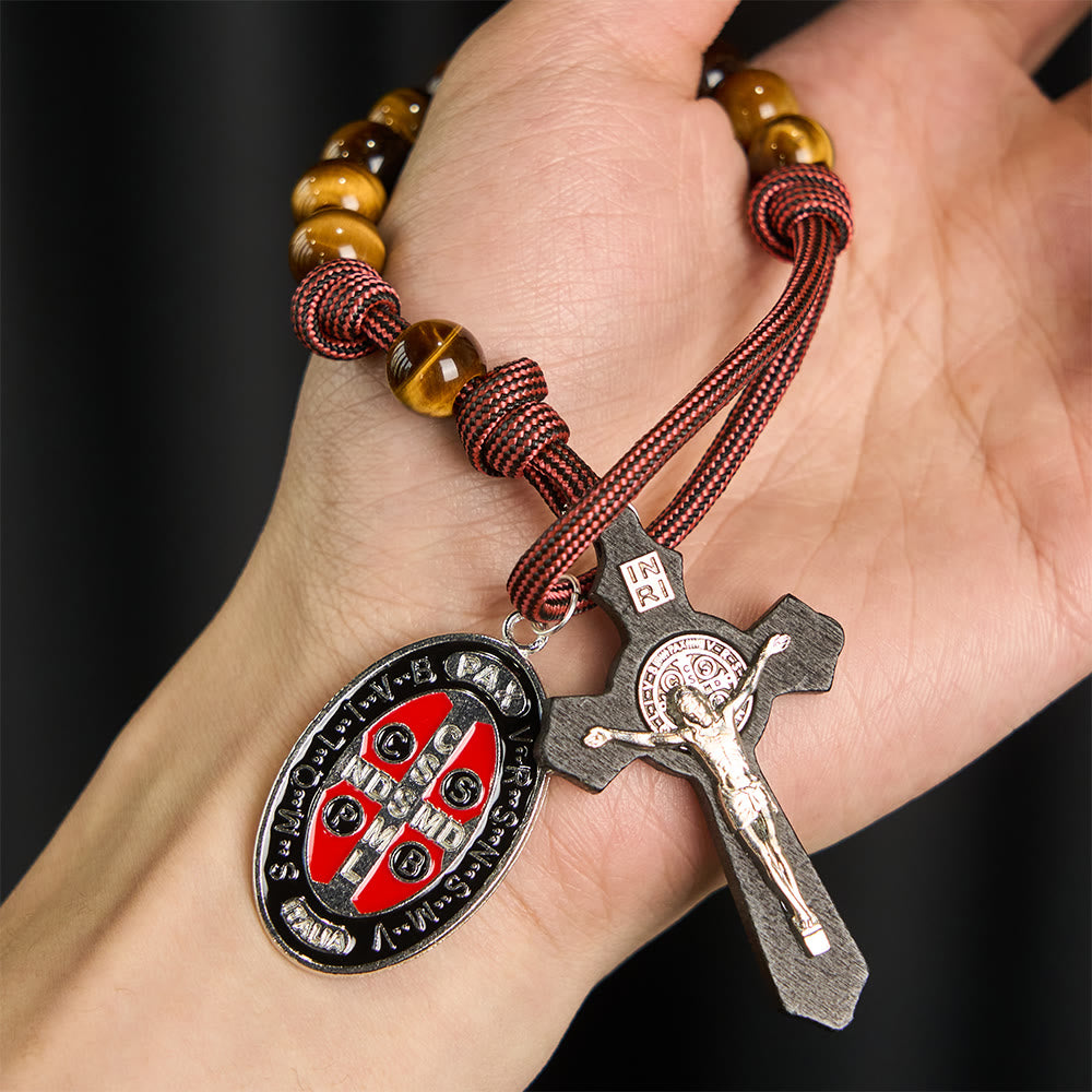 Christianartworkshop Rosario de bolsillo Ojo de Tigre con Coraje y Protección: Medalla y Cruz del Exorcismo del Beato San Benito - image 1