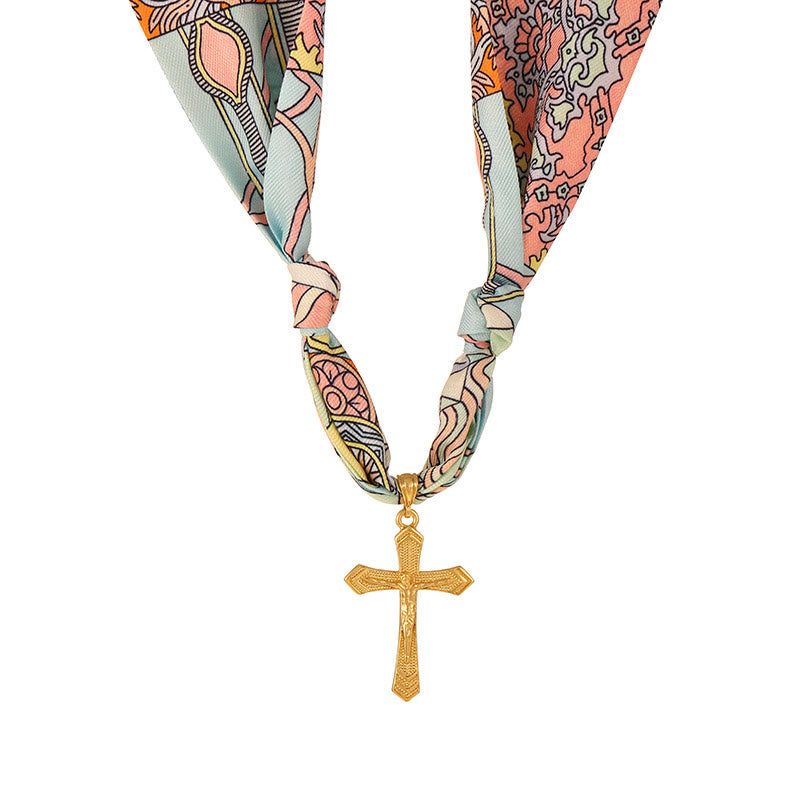 Christianartworkshop Bufanda con estampado vibrante y collar con cruz: una muestra de elegancia para el día a día. - Azul claro - image 7