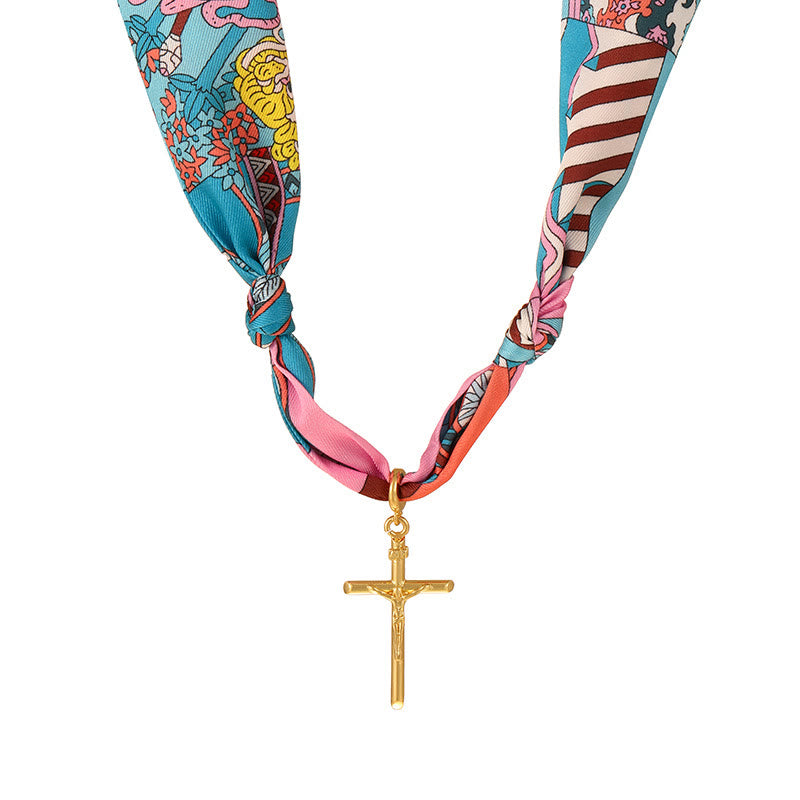 Christianartworkshop Bufanda con estampado vibrante y collar con cruz: una muestra de elegancia para el día a día. - Rosa y azul - image 8