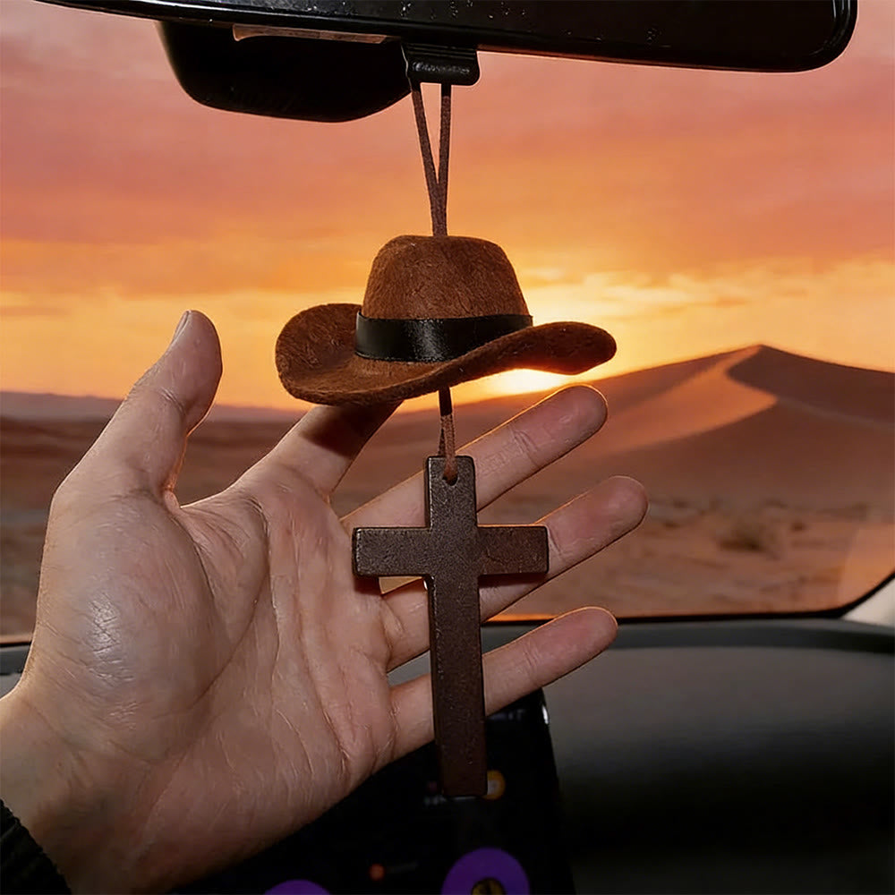 Christianartworkshop Colgante para coche con sombrero de vaquero y cruz: Fe inquebrantable para el camino abierto. - image 3